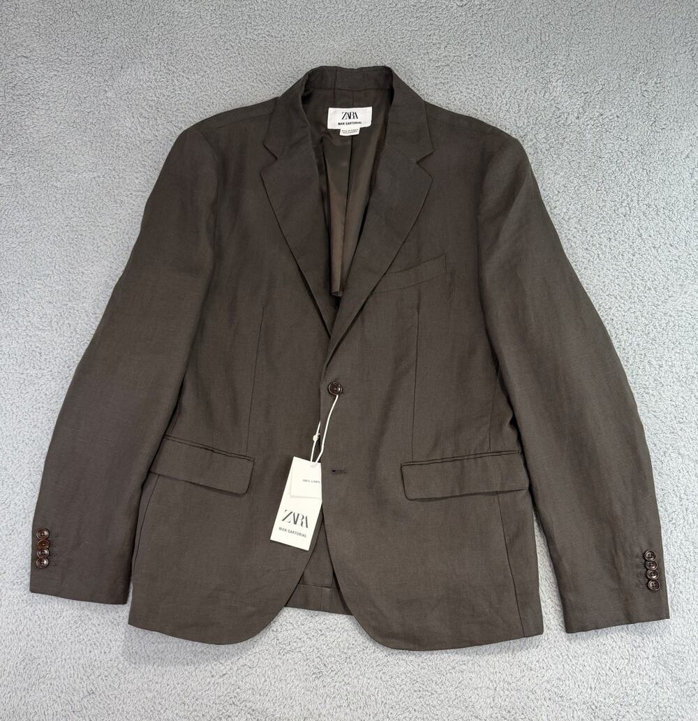 NWOT Zara Man Sartorial 100% Linen Blazer Dark Brown 44 Regular Summer Jacket